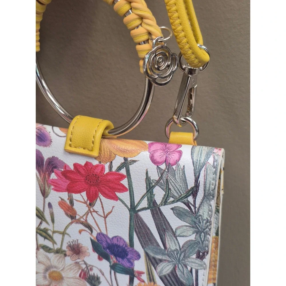 Carlos Santana Floral Crossbody Mini Satchel Yellow Handle Purse Boho Festival